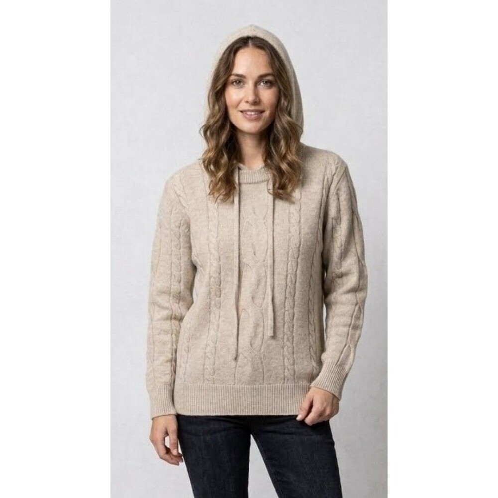 SER.O.YA Cable Knit Hoodie Pullover Sweater Women's Size Large Beige Oatmeal NWT